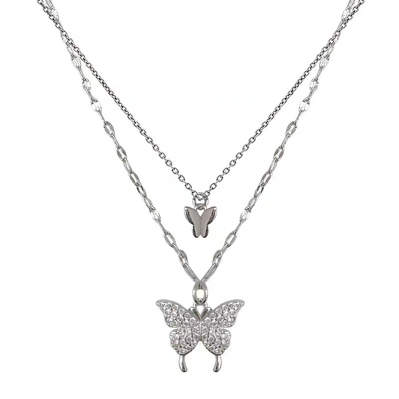 Baru double-layer diamond butterfly kalung untuk wanita ins gaya kecil dan sederhana kalung temperam