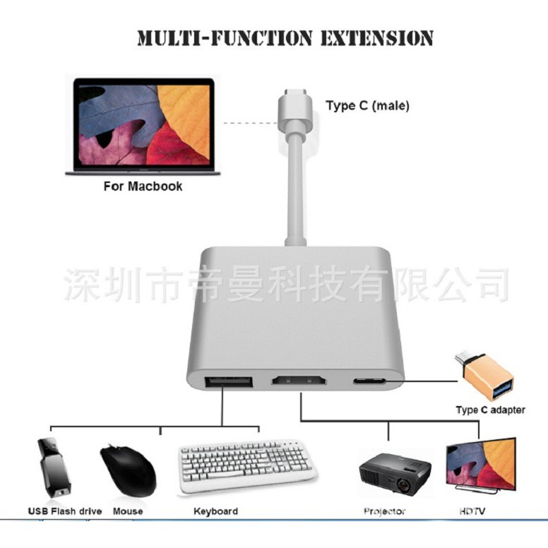 CONVERTER USB 3.1 TYPE C TO HDMI + USB 3.0 FEMALE + TIPE C FEMALE 3IN1