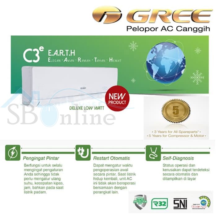 AC GREE DELUXE LOW WATT 3/4 PK 07C3ES ORIGINAL FREE PASANG TRADE IN