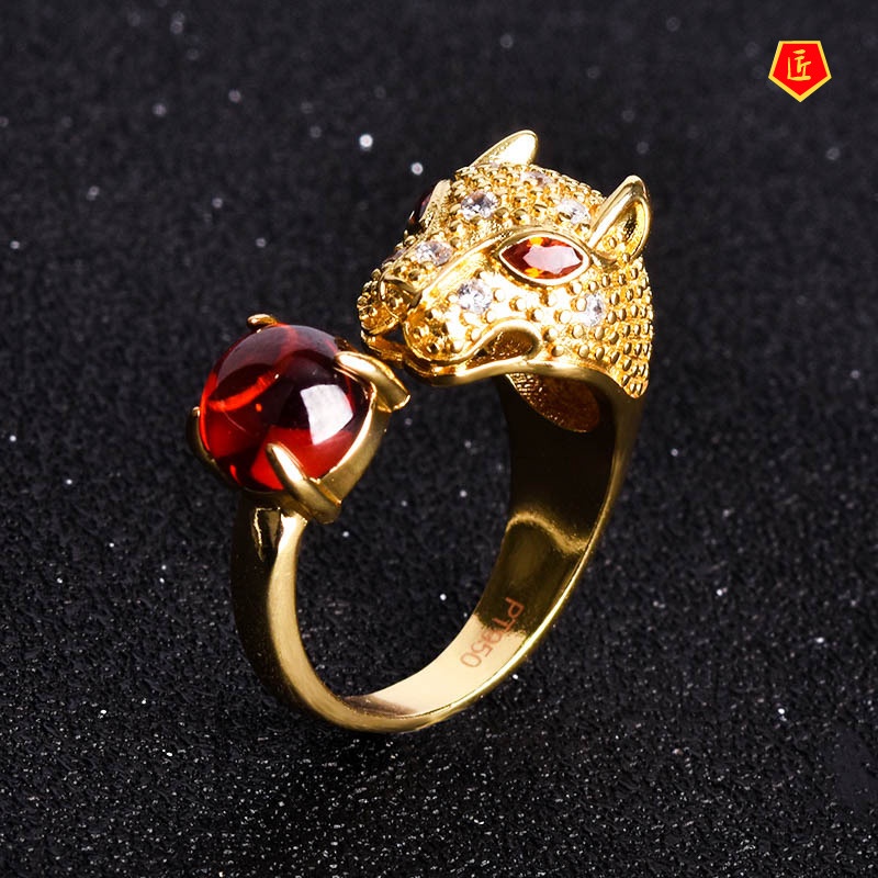 [Ready Stock]Domineering Leopard Head Ring Inlaid with Natural Garnet