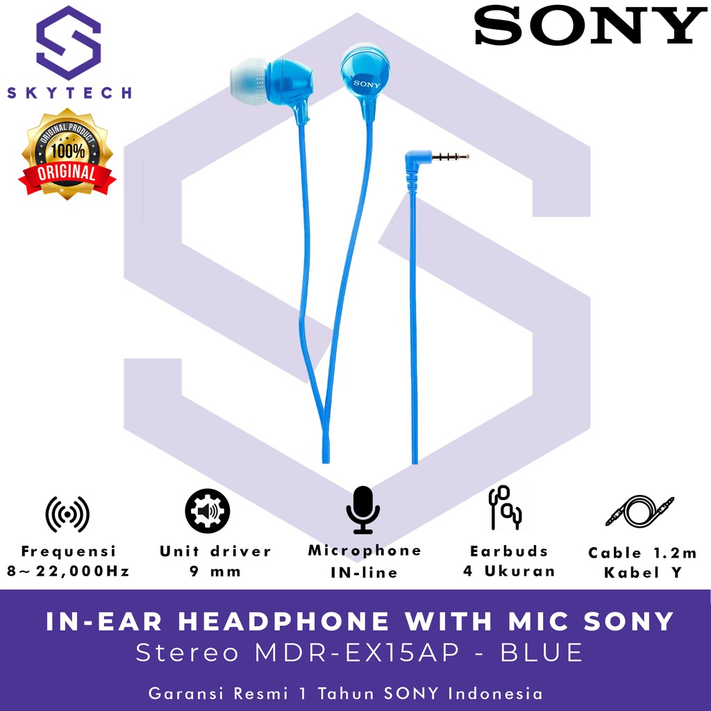 EARPHONE SONY MDR EX15AP WITH MIC BLUE ORIGINAL GARANSI RESMI