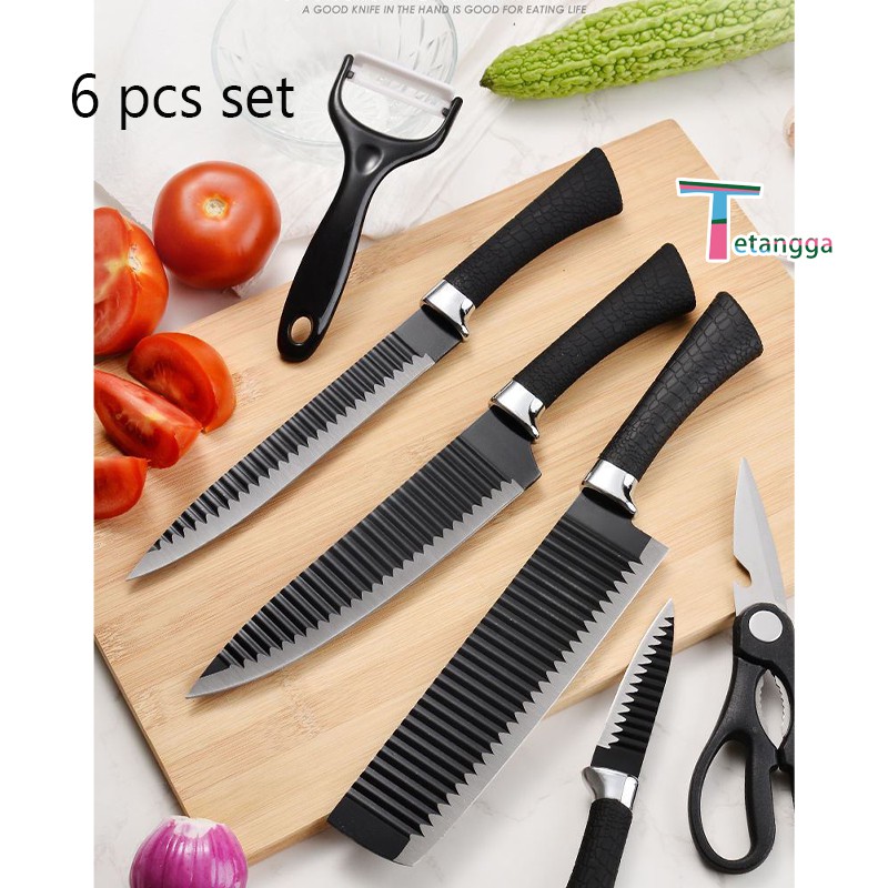 Pisau Dapur Hitam Set Isi 6pcs Black Knife Set Set 6 pcs Black Pemotong Gelombang Baja  Tahan Karat