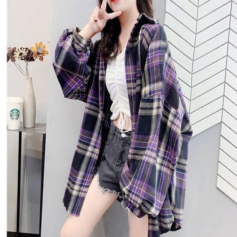 Kemeja Flanel Kotak Kotak Kemeja Oversize Model Longgar Hitam Wanita Casual Lengan Panjang