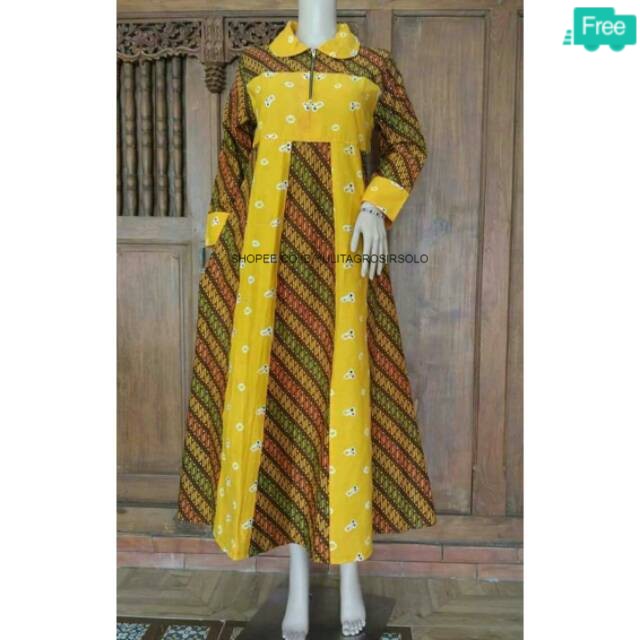 BATIK JUMBO-Gamis batik parang kombinasi jumputan zipper levis ykk MOTIF TERBARU LENGAN PANJANG