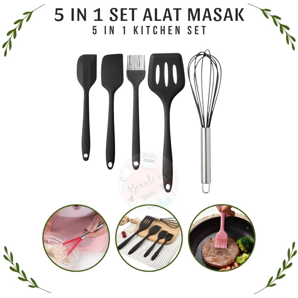 Set Alat Masak Peralatan Dapur 5 in 1 Spatula Sutil Kuas Sodet Pengocok Telur Bahan Tahan Panas Praktis Silicone Kitchen Set Spatula Scraper Brush Baking Kitchenware