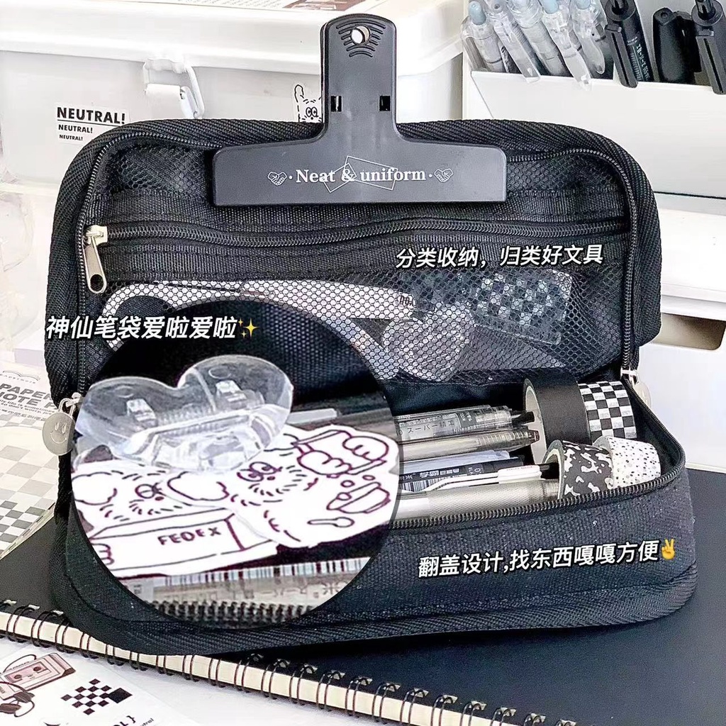 Sera Versi Korea dari Tas Pensil Transparan Sederhana Kapasitas Besar Hitam dan Putih Kotak-kotak Tas Alat Tulis Murid Jendela Visual Penyimpanan Tas Pensil