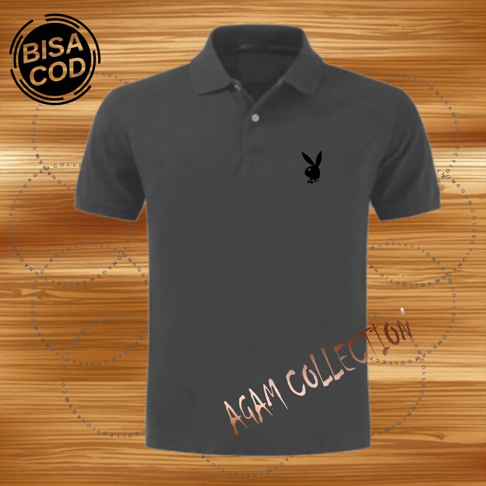 Agam Collection Baju Polo Kerah Distro Playboy Text Hitam Lengan Pendek Premium Quality