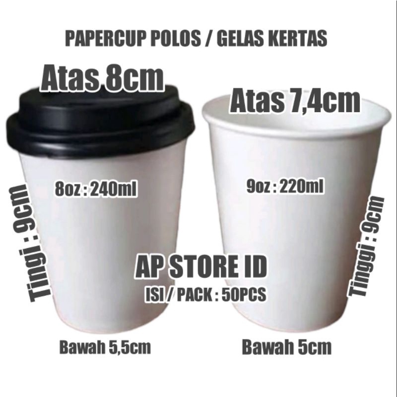 isi 50set papercup + tutup gelas kertas 8oz  Polos / gels kopi tahan panas 240ml