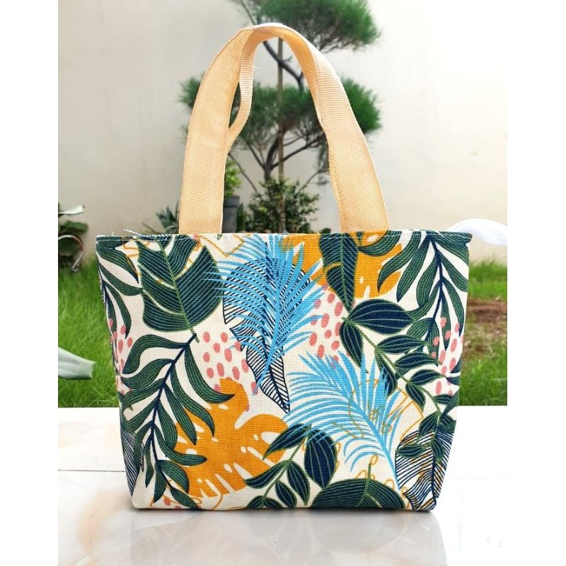 TAS JINJING HANDBAG - TAS MUKENA - TAS MAKEUP BAHAN KANVAS MOTIF - TAS BAHU WANITA