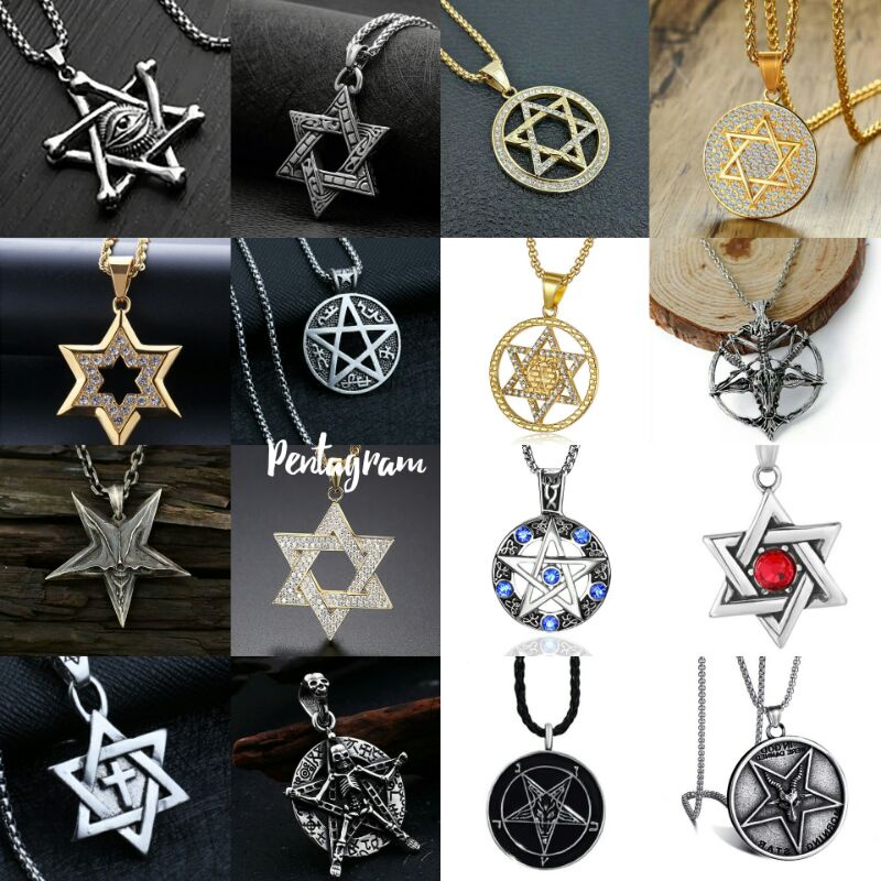 Kalung pria tengkorak punk style men necklace devil pentagram hexagram series