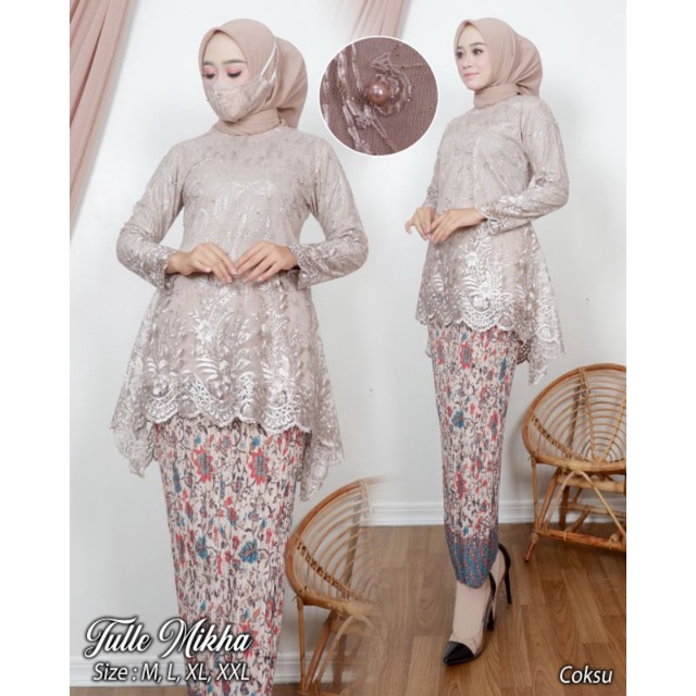 Daliakebaya - Terbaru Setelan Kebaya Tulle Mikha Tunangan Set Rok Plisket Batik Kebaya Tulle Pesta M
