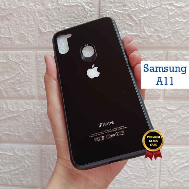 Samsung A11 #12G - Premium Hard Glass Case Soft Rubber Bumper Grip - Custom Case Logo Iphone