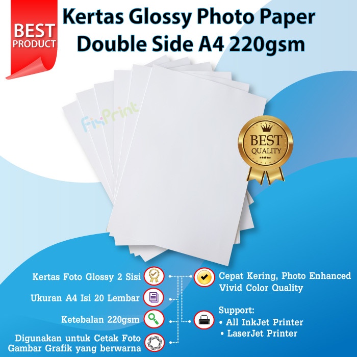 

Senikertas- Kertas Glossy Photo Paper Double Side A4 220Gsm, Kertas Foto Printer -Kertas-Seni.