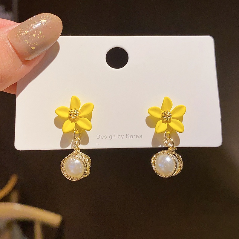 Shuling S925 silver needle Yellow Flowers Earrings Fashion Pearl Drop Earrings Female Ear Jewelry