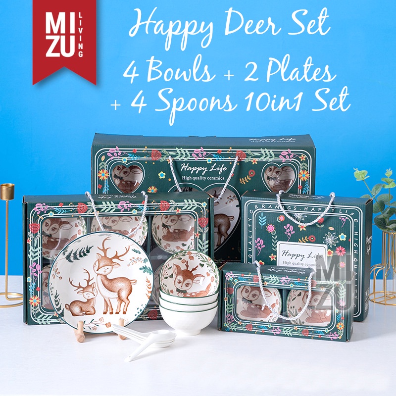 MIZU HAPPY LIFE 10in1 SET 4 Bowls 2 Plates 4 Spoons Mangkok Keramik Piring Sendok Ceramic Gift Set