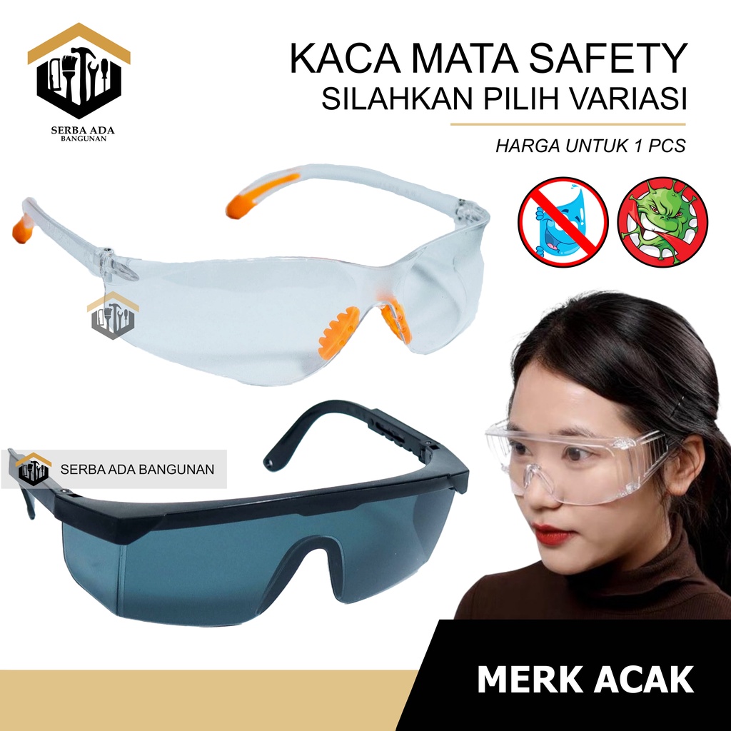 Kacamata Las / Kaca Mata Safety Fashion Gurinda / Laboratorium / Bening Clear Hitam