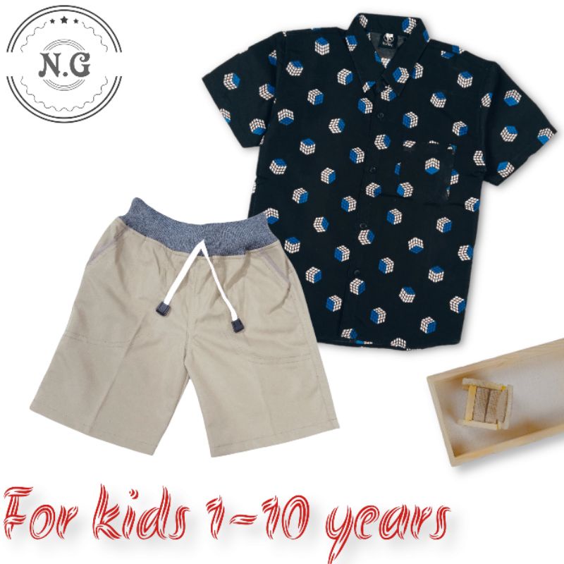 Setelan Anak Laki Laki Kemeja Pendek Motif Umur 1-10 Tahun Stelan Anak  Cowok Tanggung