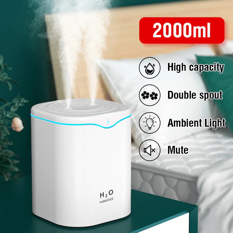 PELEMBAB RUANGAN AIR HUMIDIFIER ULTRASONIC AROMATHERAPHY OIL DIFFUSER DOUBLE SPRAY H2000 2000ML