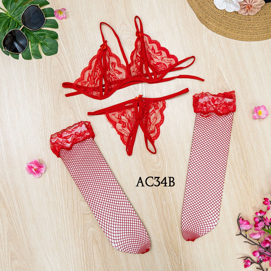 [STOCK TERBATAS] UNDERWEAR WANITA G STRING BRA + STOCKING SEXY LACE MERAH AC34B