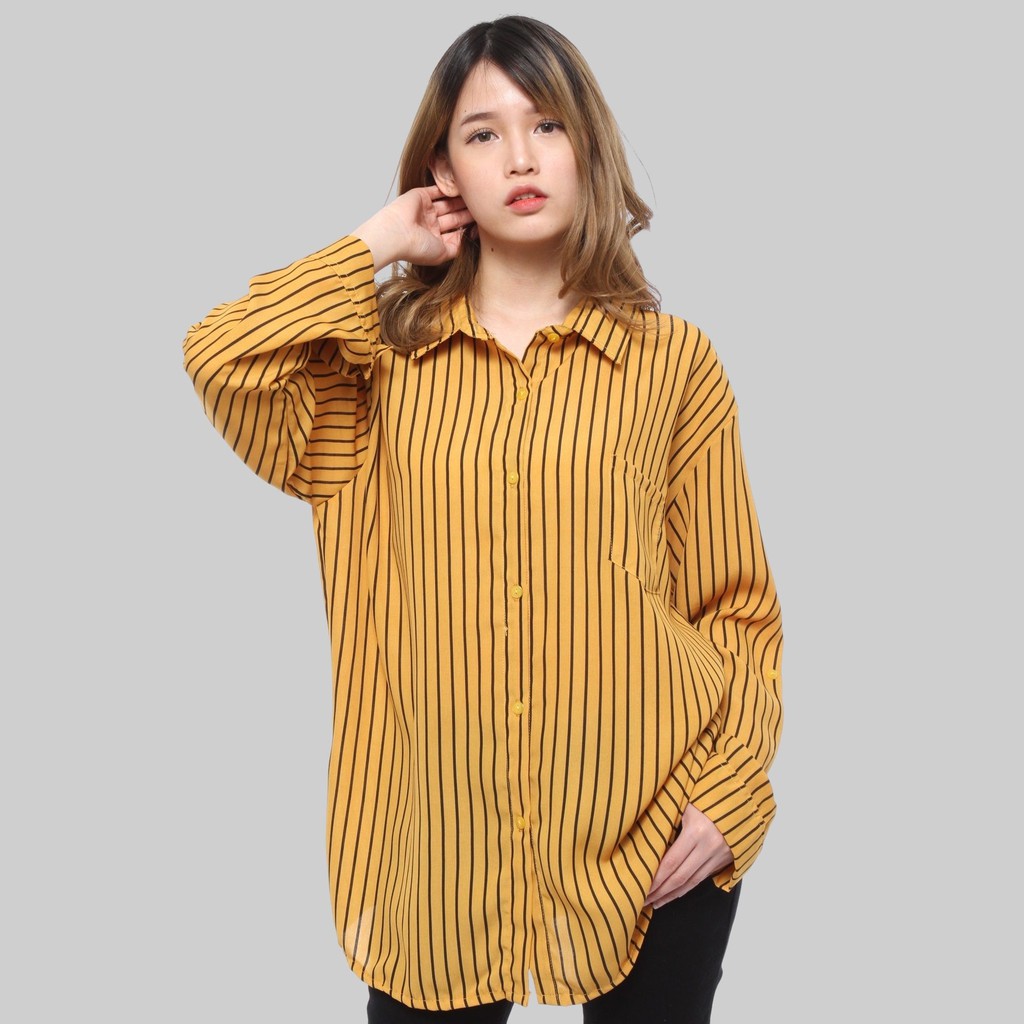 Monellina 06171 Kemeja Oversize Wanita Lengan Panjang Garis-1