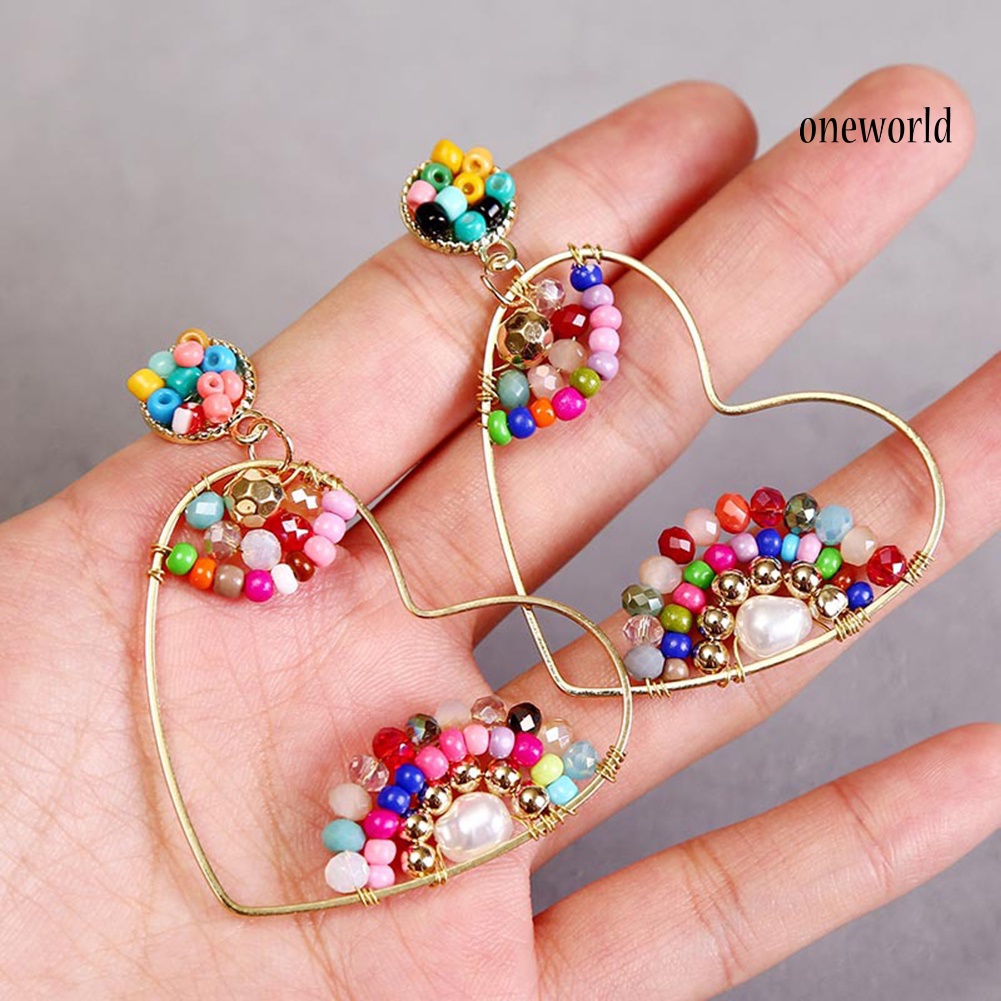 OW# Boho Women Beads Heart Big Hollow Dangle Ear Stud Earrings Party Club Earrings