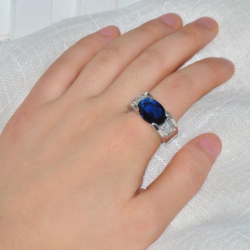 Cincin Batu Permata Blue Saphire Cubic Zirconia Safir Biru Royal Ring Perak Elegan Mewah Minimalis