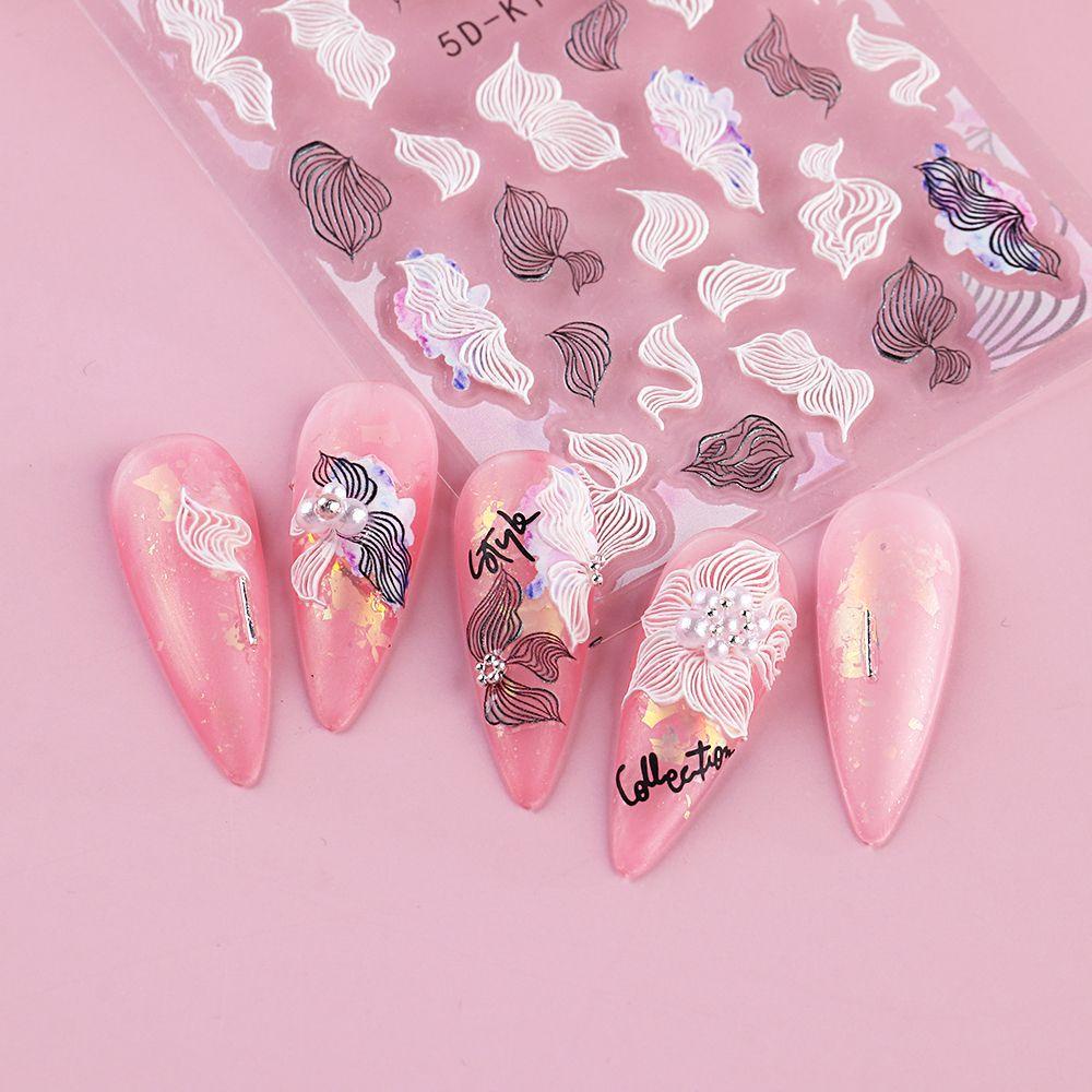 R-flower Nail Art Sticker Decals Akrilik Desain Ukiran Timbul Perekat Diri 5D Hollow