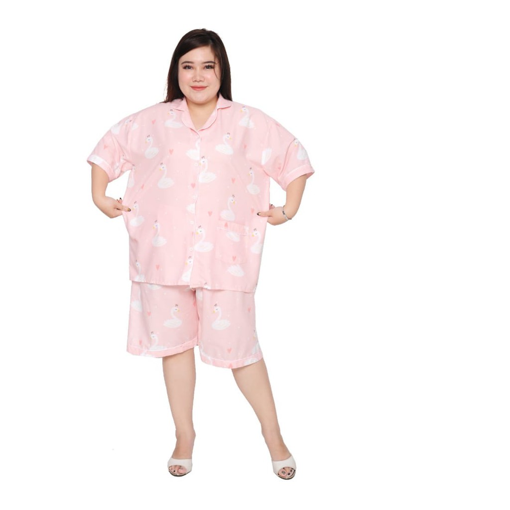 Piyama jumbo celana pendek/hotpant big size LD 130 / set baju tidur lengan pendek karakter cewek-HPJ/5L SWAN PINK