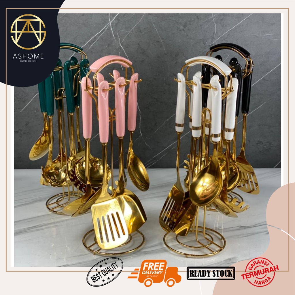 PERALATAN MASAK LENGKAP 6 SET IN 1 EMAS ELEGAN MEWAH/ SPATULA CENTONG SOUP LENGKAP DENGAN RACK
