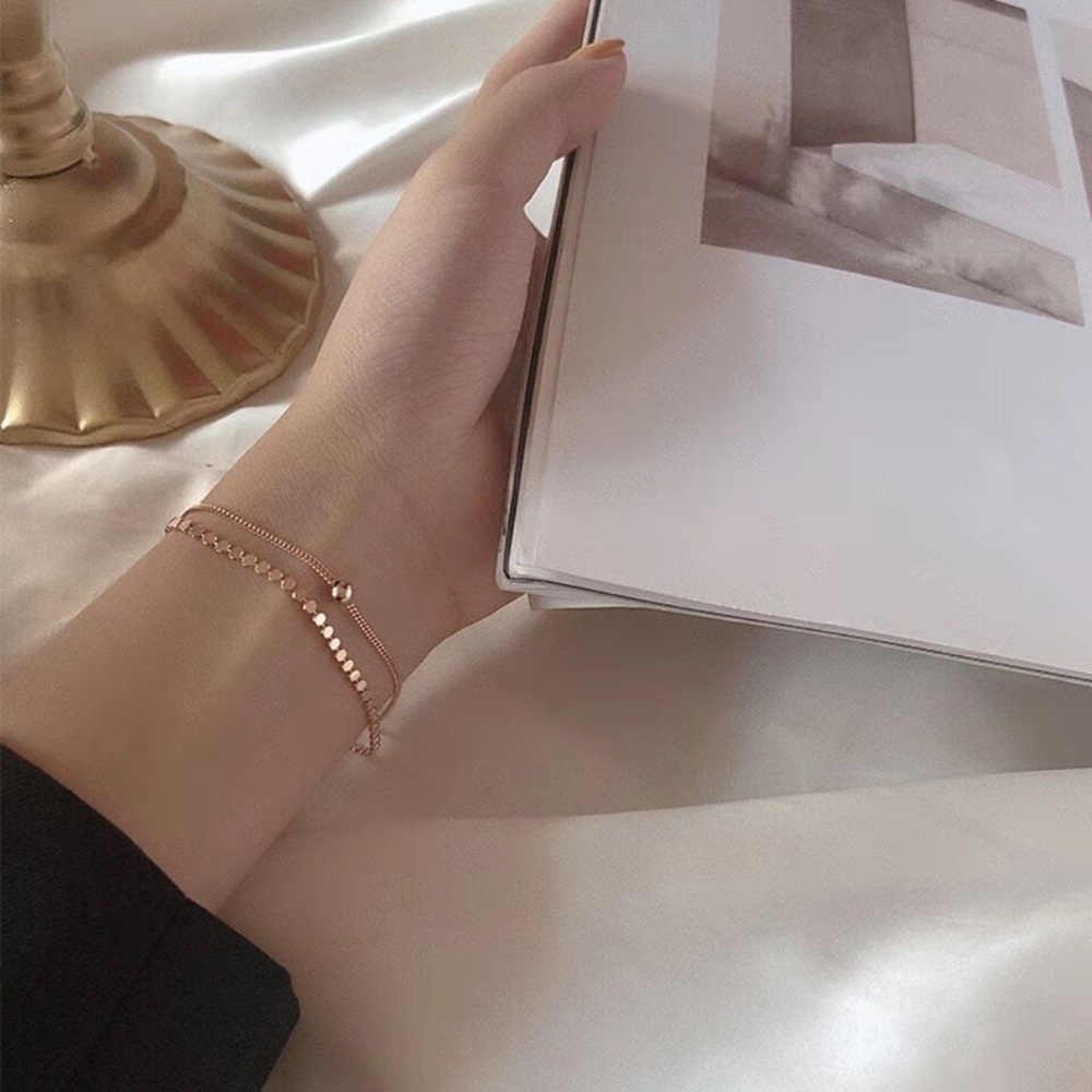 Gelang Rantai Double Layer Warna Rose Gold Silver Untuk Wanita