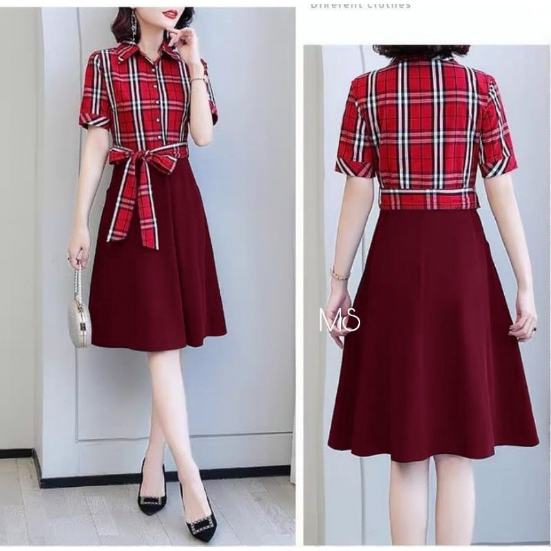 Trend Kekinian Dress Wanita Casual Lengan Pendek Gaun Dress Terusan Katun Kotak Modis Korean Style