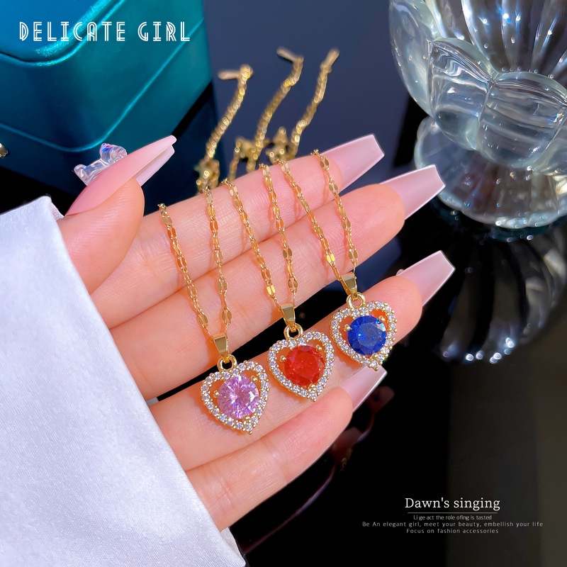 Kalung Rantai Emas 18K Dengan Liontin Hati Hias Batu Zircon Kubik Hypoallergenic Untuk Wanita