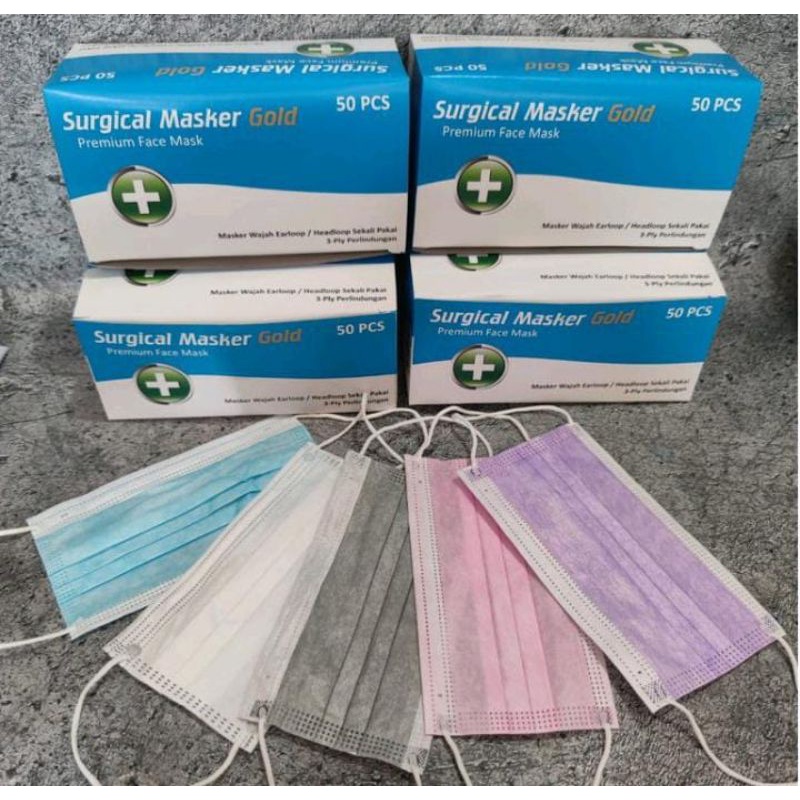MASKER 3PLY SURGICAL GOLD MASK EARLOOP MEDICAL GRADE ISI 50 PC