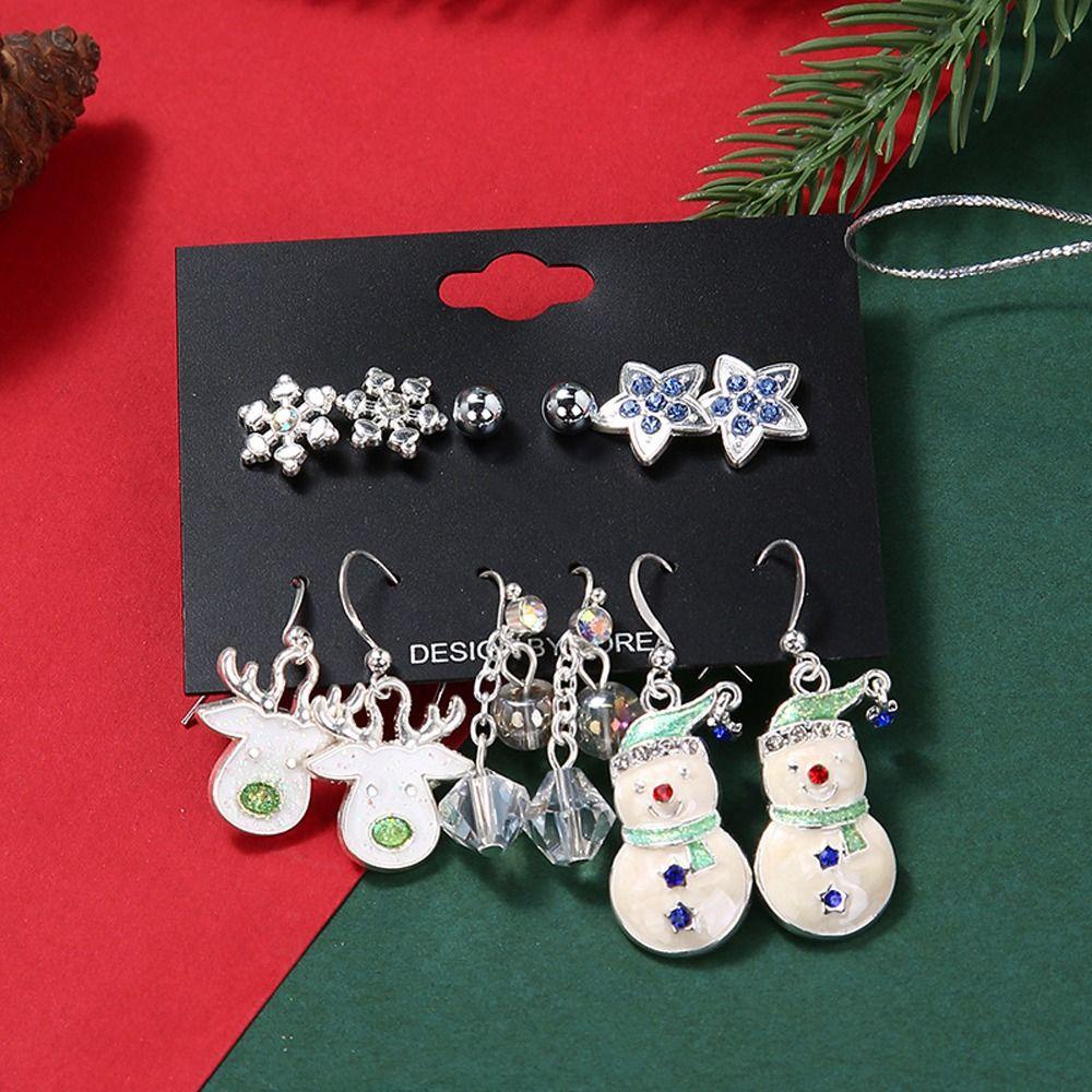 Mxbeauty Set Anting Natal Warna-Warni Berlian Imitasi ELK Perempuan Snowman Ear Stud Bell Perhiasan Fashion