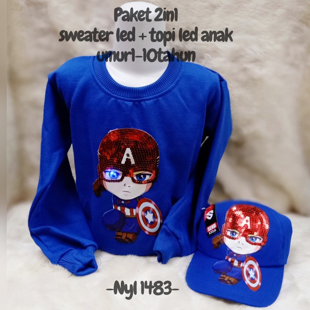 baju anak switer led gratis topi led capten amerika