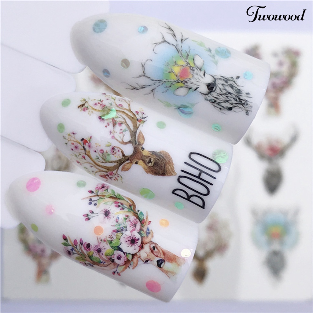 Twowood Stiker Kuku 2D Motif Rusa / Serigala Untuk Dekorasi Nail Art