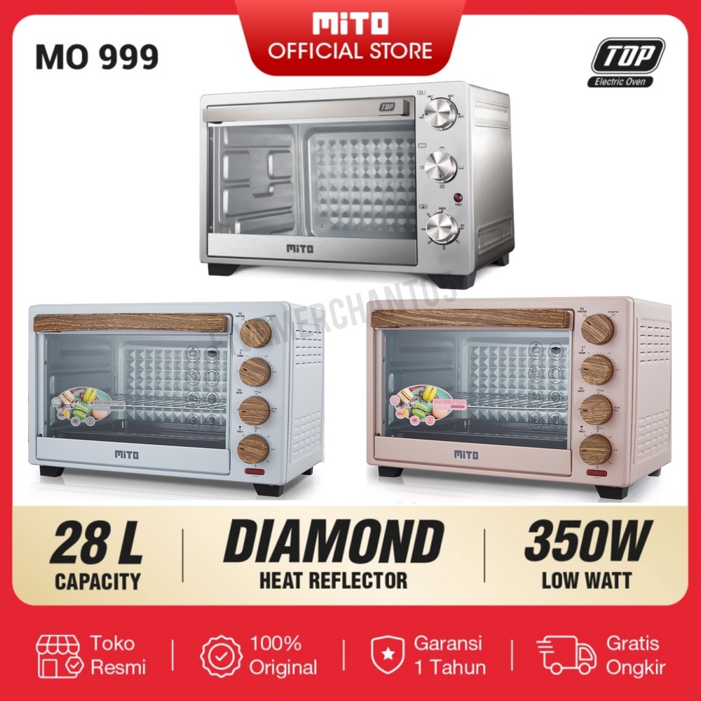 Oven Listrik Mito TOP MO 999 Kapasitas 28 Liter MO 999 28L Toaster Mito Rotiserrie Oven Pink White New Series Low Watt