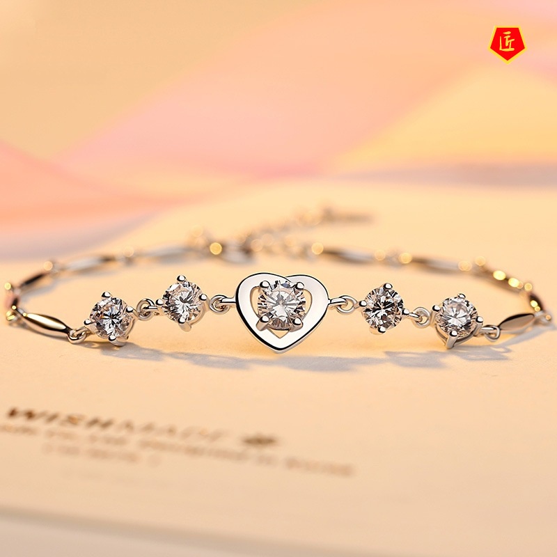 [Ready Stock]Women's 925 Silver Heart-Shaped Diamond Bracelet