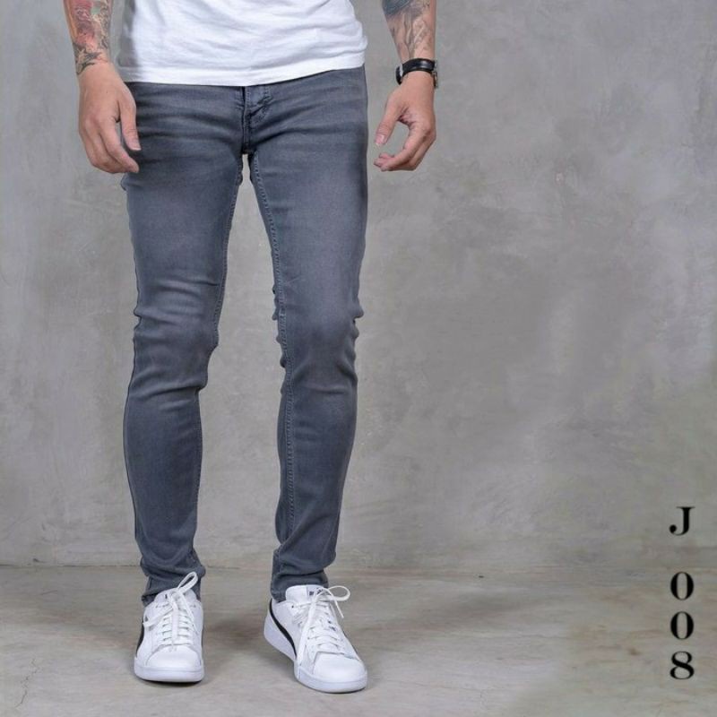 Celana Jeans Abu - Abu Slimfit Jeans Stretch Dark Grey Ripped  Pria Murah Lebay