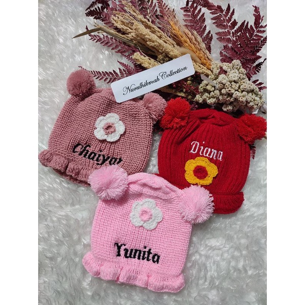 Kupluk Bayi PomPom Bunga Polos/Bordir Nama GRATIS Suka-Suka