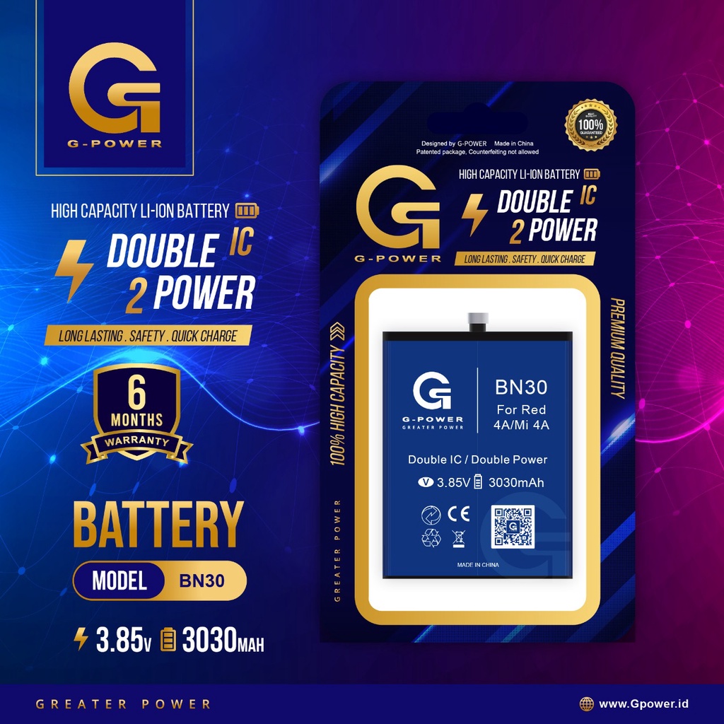 Baterai Xiaomi G-POWER Double Power RED 4A/Mi 4A / Mi 5X A1 NOTE 5A/5A PRO / Red 5A / Red 6/6A/6 Pro / Red 5 Plus / Note 5/5 PRO / Red 7 / Red 7A ORIGINAL Semua Tipe ada Terlengkap