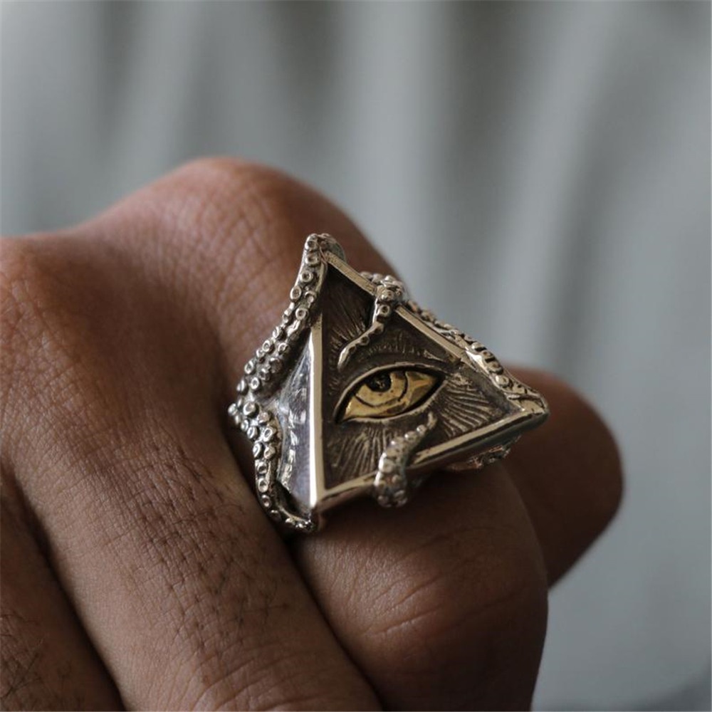 Cincin Mata Satu Segitiga Gurita / Cincin Pria Segitiga Mata Satu / Eye of Horus Triangle Octopus Ri