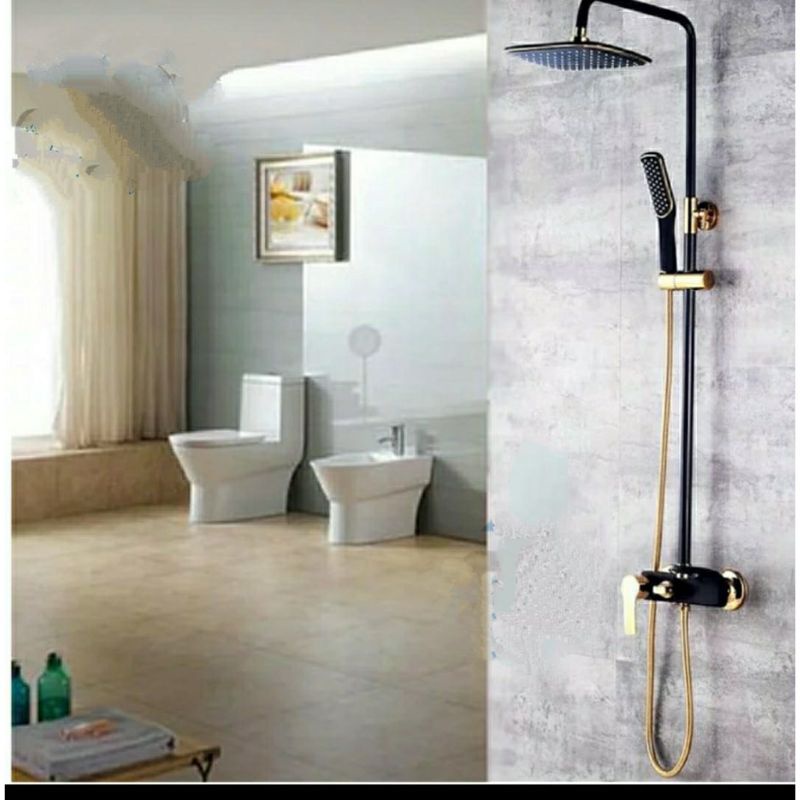 Jual Shower Tiang Set Shower Mandi Panas Dingin Kran Bathub Tiang Set Komplit Black Gold 