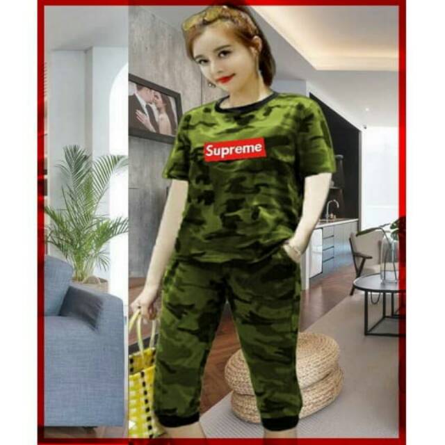 Setelan supreme Army CL/ Pakaian wanita baju cewek celana pendek army stelan baju celana army cewek