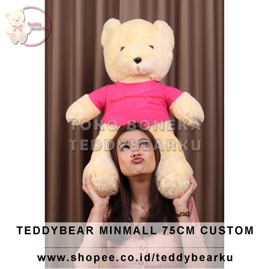 Teddy Bear Cream Baju Pink+ Tulisan Custom Boneka Beruang Mini Mall 75CM XL