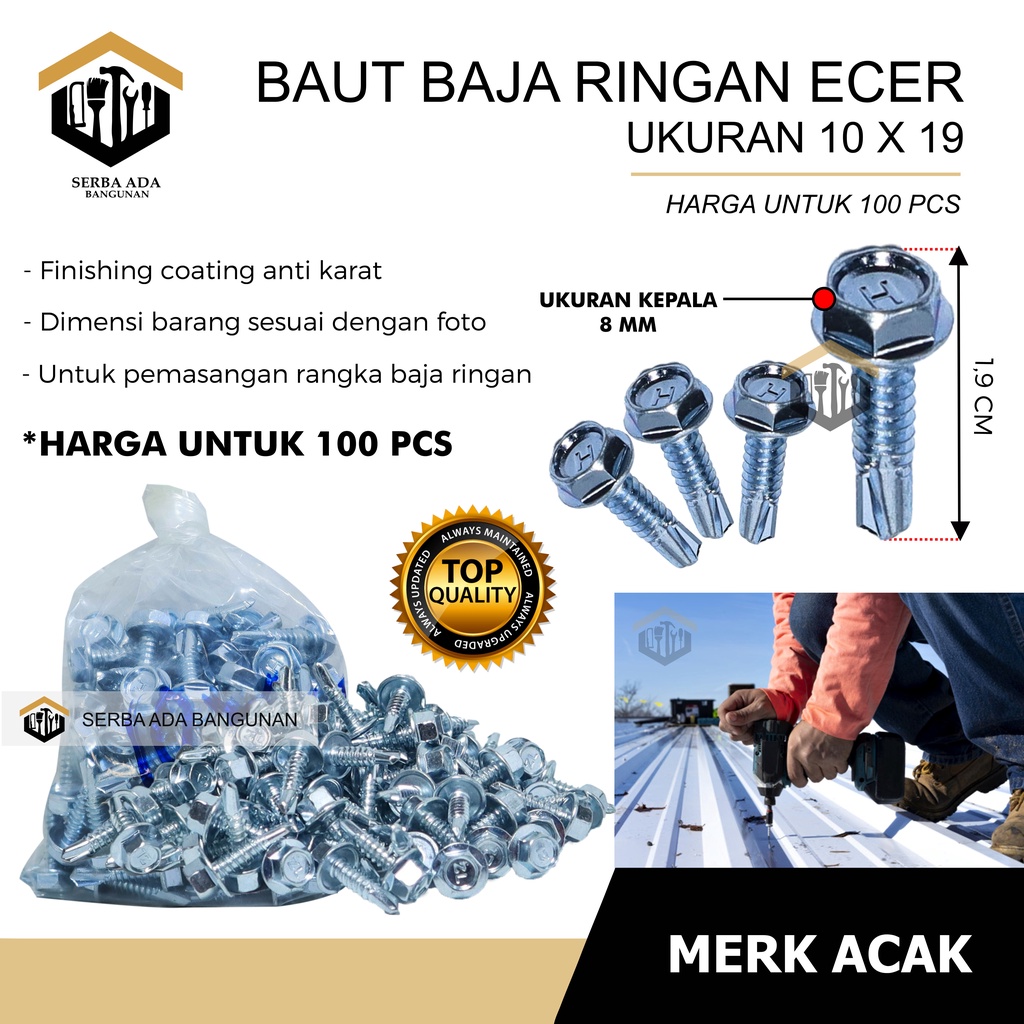 Baut baja ringan l baut Skrup Baja Ringan 10x16 10x19 Harga Termurah- 100pcs