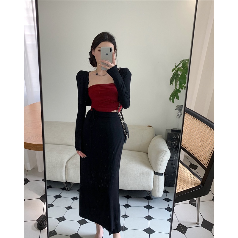 Setelan wanita musim panas pendek lengan panjang kardigan kamisol high-waisted lace-up split skirt fashion tiga potong trendi