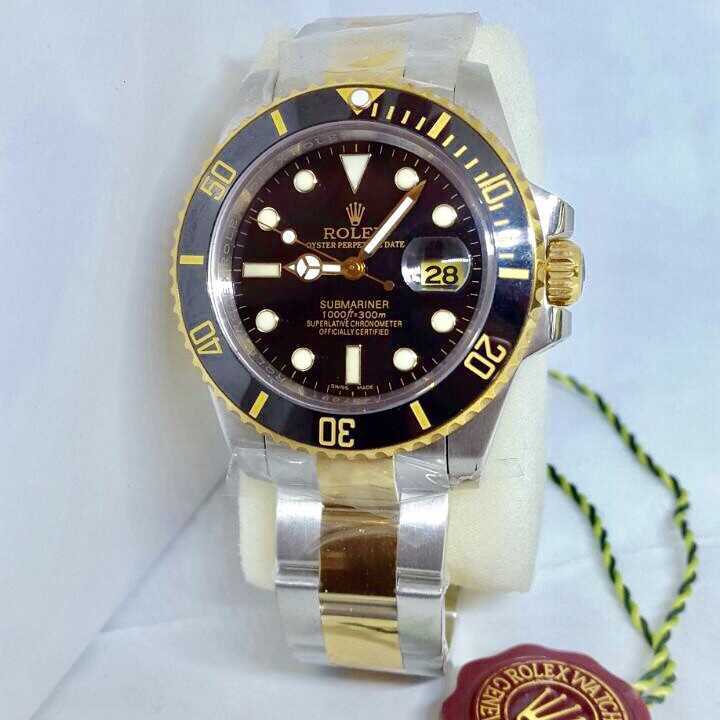 Rolex Submariner Super 4 cm Pria Bergaransi Kombi Gold Hitam