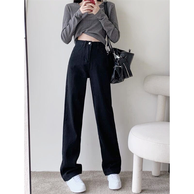 Hitam Celana Panjang High Waist Korean Straight Jeans Kulot Jeans Wanita Kekinian