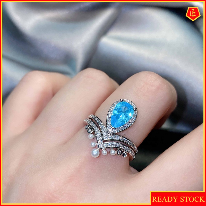 [Ready Stock]Creative Natural Aquamarine Crown Pearl Ring for Women